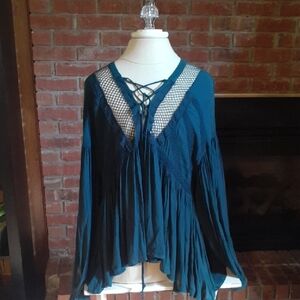 Free People Teal Lace-Up Blouse